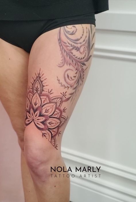 Beautiful placement here for the open cut mandala over the knee with the plum and magenta lining! Love it ! Mandala Tattoo Thigh, Knee Mandala, Mandala Thigh Tattoo, Tattoo Thigh, Mandala Tattoo, Thigh Tattoo, Sweet Pea, Over The Knee, The Knee