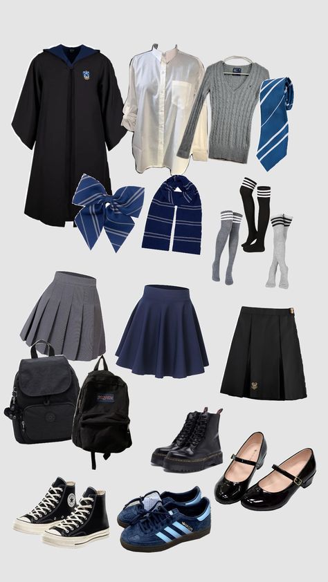 Ravenclaw outfit #harrypotter #ravenclaw #hogwarts Harry Potter Ravenclaw Uniform, Luna Lovegood Aesthetic Outfit, Ravenclaw Inspired Outfits, Ravenclaw Aesthetic Outfit, Ravenclaw Outfit Aesthetic, Ravenclaw Cosplay, Harry Potter Ravenclaw Outfits, Books Outfits, Ravenclaw Wallpaper