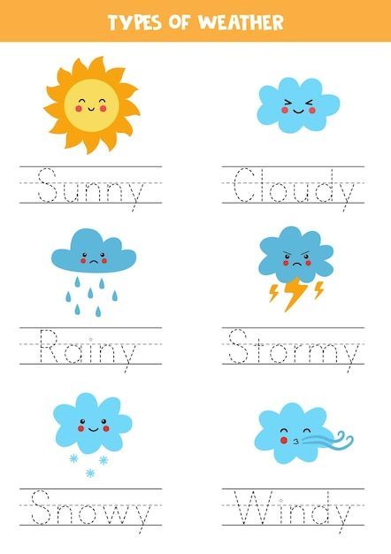 Preschool Writing Worksheets, Tracing Names, English Writing Practice, Tracing Words, Preschool Homework, Writing Practice Preschool, Weather For Kids, Weather Activities Preschool, Weather Activities For Kids