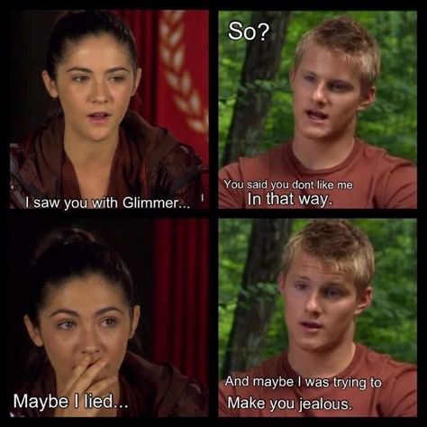 I've never been partial to clato/glato but now I think I'm on team clato. It makes sense that Cato would only use Glimmer in the beginning for sponsors/to make Clove jealous. I think they had a scene where he told her that in between the double-victor announcement and the Feast. :) So for this, I think he liked Glimmer as a friend, and loved Clove as more. Dystopia Books, Starcrossed Lovers, Peeta Bread, Isabelle Fuhrman, Divergent Hunger Games, Fandom Quotes, Hunger Games Memes, Hunger Games Quotes, I Volunteer As Tribute