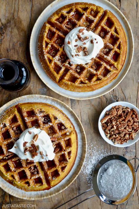 Fall Waffles, Pumpkin Waffles Recipe, Pumpkin Spice Waffles, Buttermilk Waffles, Just A Taste, Spiced Pecans, Pumpkin Waffles, Pumpkin Pecan, Pumpkin Flavor