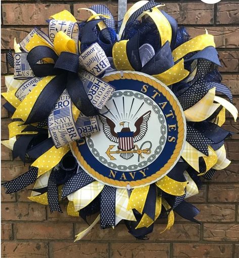 Yellow Front Door Colors, Veteran Wreath, Navy Wreath, Veterans Wreath, Yellow Front Door, Memorial Wreath, Military Wreath, Yellow Front Doors, Outside Fall Decor