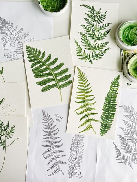 Watercolour Fern Paintings Fern Mural Painting, Fern Mural, Watercolour Fern, Fern Painting, Sketching Materials, Pool Mural, Fern Watercolor, Things To Doodle, Fern Art