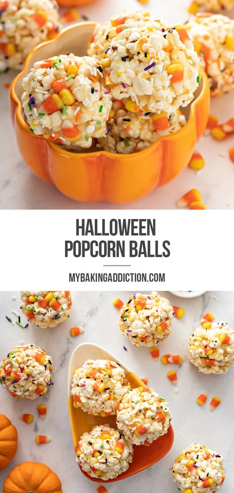 Marshmallow Popcorn Balls Halloween, Halloween Treats With Candy Corn, Halloween Popcorn Balls Marshmallow, Halloween Fluffy Popcorn, Homemade Popcorn Balls Halloween, Spooky Popcorn Balls, Candy Corn Popcorn Balls, Popcorn Recipes Halloween, Popcorn Balls Recipe Easy Halloween