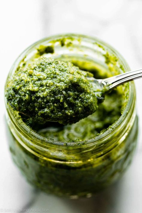 Learn how to make deliciously flavorful homemade basil pesto using 6 basic ingredients. Use as a sauce or spread on pizza, bread, pasta, or make pesto shrimp, pasta salad, and more. Recipe on sallysbakingaddiction.com Pesto Shrimp Pasta, Homemade Basil Pesto, Basil Pesto Recipe, Homemade Pesto Recipe, Make Pesto, Shrimp Pasta Salad, Pesto Shrimp, Basil Pesto Recipes, Sally's Baking