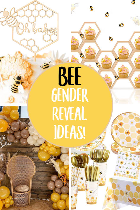 beegenderrevealideas Gender Reveal Ideas Honey Bee, Honeybee Gender Reveal, What Will You Bee Gender Reveal, Honey Bee Gender Reveal Ideas, Gender Reveal What Will It Bee, Bee Hive Gender Reveal, Reveal Party Ideas Decorations, What Will It Bee Gender Reveal, Gender Reveal Party Ideas Decorations