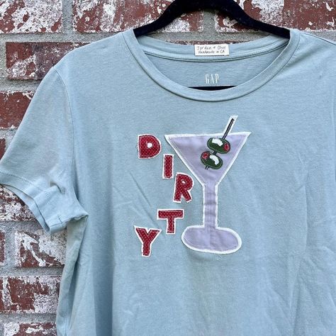 🫒🍸Handmade Dirty Martini T-Shirt🍸🫒  
      
❤️NWT Gap... - Depop Olive Martini, Summer Gingham, Summer Drink Cocktails, Seafoam Green Color, Patchwork Shirt, Dirty Martini, Red Gingham, Seafoam Green, Fabric Scraps