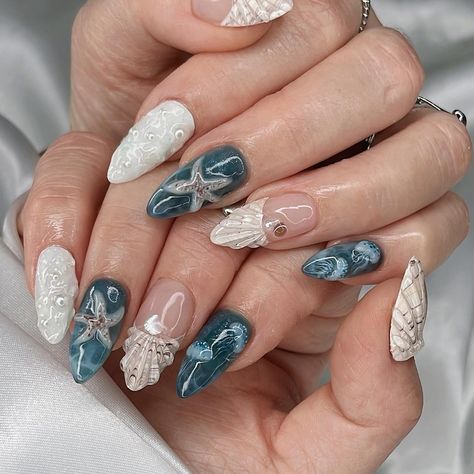 🪼Ocean Breeze 𓇼𓏲﹏ my Aug/Sep starfish x jellyfish special 🫧 Using YOGO milk jam for the 3D art @kiokonailsupply use code JANET to save $$ 🩵 #3dnails #nails2inspire #summernails #gelxnails #trendynails #naturenails #naildesign #oceannails 3d Starfish Nails, Crab Nails, Star Fish Nails, Sea Inspired Nails, Ocean Themed Nails, Jellyfish Nail Art, Jellyfish Nails, Nail References, Milk Jam