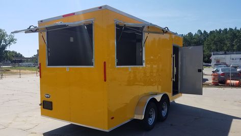 This beauty is designed to be a perfect Hot Dog vendor trailer complete with +12 Height, 2x3x5 Conc Door, 30A Pkg, 6″ I-Beam, Mill Metal Walls & Ceiling, Coin RTP Flooring. Contact us today for a quote on your next concession trailer! Thank you! #trailerspotlight #snappertrailers #trailers Porch For Trailer, Concession Stand Food, Foodtrucks Ideas, Cafe Ice Cream, Concession Trailer For Sale, Mobile Catering, Concession Food, Food Truck Business, Concession Trailer