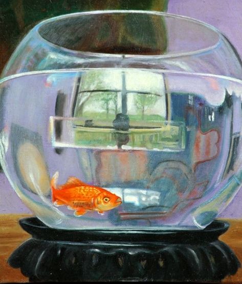 Goldfish Bowl Drawing, Fish Bowl Reference, Fish Bowl Illustration, Fish Bowl Painting, Fish Bowl Drawing, Acuarela Aesthetic, Fish Bowl Art, Painting Plates, Goldfish Painting