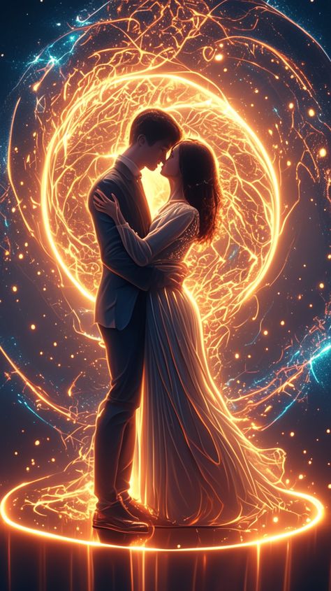 A splendid painting of a divine masculine prince passionately holding his divine feminine princess under a starlit sky. A fantastical pair submerged in profound love, their eyes serenely closed as they share a romantic dance. The ethereal glow surrounding them symbolizes their intense bond. A testament to timeless love, this denotes an affectionate welcome to the powerful epoch of awakening for Twin Flames. Discover more about a very powerful time of opening for Twin Flames.✨ Romantic Symbols, Soulmate Art, Twin Flame Runner, Romantic Dance, Twin Flame Relationship, Twin Souls, Couple Painting, Ethereal Wedding, Wedding Kiss