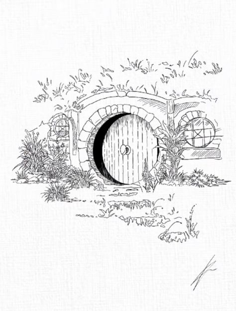 The Shire Drawing, Hobbit Cut, Shire Drawings, Lord Of The Ring Drawing, Shire Door Tattoo, Lotr Drawing Ideas, Easy Hobbit Drawings, Lotr Printable, Hobbit House Drawing