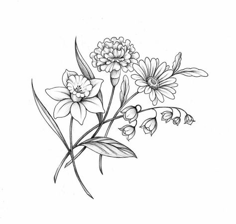 Bouquet of a daffodil, lily of the valley, daisy and carnation. Fine line illustration. Black and grey. Narcissus And Daisy Flower Tattoo, Tattoo Designs Fine Line, Narcissus Tattoo, Carnation Drawing, Lilly Flower Tattoo, Birth Flower Bouquet Tattoo, Daffodil Flower Tattoos, Aster Tattoo, Carnation Flower Tattoo