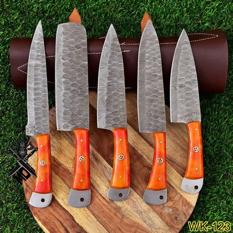 Kitchen Knives Set, Handmade Chef Knife, Damascus Kitchen Knives, Stain Wood, Damascus Chef Knives, Leather Kits, Hand Forged Knife, Wedding Gifts For Groomsmen, Chef Knives