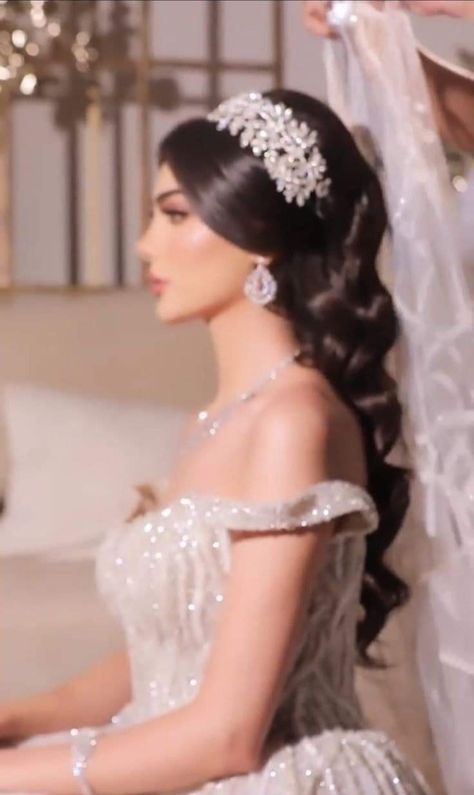 Hairstyles For Princess Dress, Crown And Veil, Bride Hairstyles With Veil, Wedding Hairstyles With Crown, Bridal Hair Down, Wedding Hairstyles Bride, Elegant Wedding Hair, Tiara Hairstyles, Wedding Hairstyles With Veil