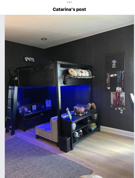 Gamer Bunk Bedroom, Loft Gaming Bed, Gamer Loft Bed Ideas, Bunk Bed Gaming Room, Teen Age Boys Room Ideas, Game Room Theme Bedroom, Loft Bed Gamer Room, 12 Year Boy Room Ideas, Teenage Gaming Bedroom