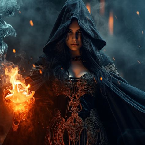 Evil Sorceress, witch, Necromancer, vampire, fierce eyes, beautiful woman, attractive body, long black hair, aggressive stance, black magical leather robe with hood, exotic magical jewelry, Dark Fantasy Hell environment, fire in the background, Sorceress Art, Evil Sorceress, Fierce Eyes, Deep Tattoo, Robe With Hood, Friends Sketch, Eyes Beautiful, Witch Tattoo, Evil Witch