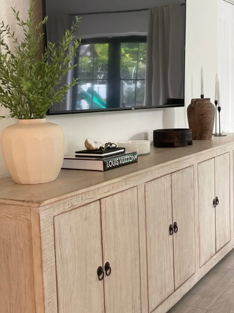 Decorating A Media Console, Decorating Above Tv Stand, Tv Console Inspiration, Sideboard For Tv, Living Room No Tv Stand, Tv Stand Styling Modern, Modern Entertainment Center Decor, Apartment Tv Console, Small Old Home Remodel