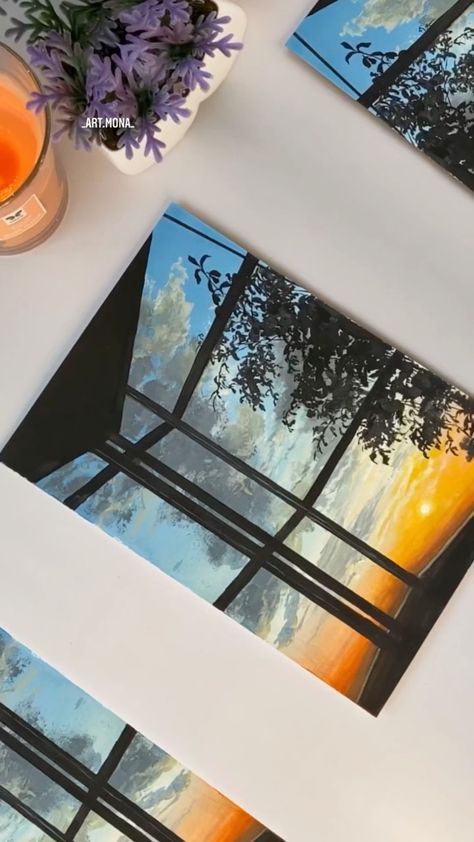 Scenery Wallpaper Painting, Window Scenery Painting, Aesthetic Painting Scenery, Scenery Painting Aesthetic, Aesthetic Scenery Painting, Watercolour Art Aesthetic, House Painting Acrylic, Window Watercolor Painting, Scenery Painting Ideas