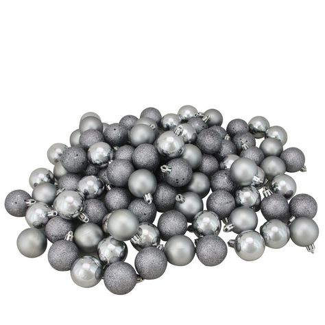 Northlight 96ct Shatterproof 4-Finish Christmas Ball Ornament Set 1.5" - Gray Sparkle Ball, Christmas Ball Ornaments, Grey Christmas, Shatterproof Ornaments, Pewter Grey, Ornament Hooks, Silver Ornaments, Christmas Store, Christmas Ornament Sets