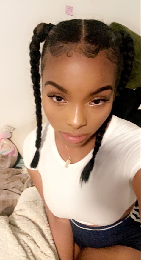 Slicked Back Pigtail Braids, Short Braided Pigtails, Pigtails On Natural Hair, Pigtail Braids Natural Hair, Pigtail Braids Curly Hair, Pig Tail Braids Black Women, High Braided Pigtails, High Pigtail Braids, Pig Tails Hairstyles Women Black