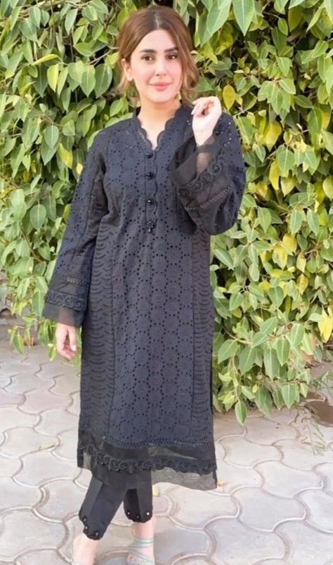 Black Frock Design Pakistani, Chicken Kari Kurta With Jeans, Chikankari Dress Designs, Chicken Kari Dress, Black Frock Design, Net Dress Design, Design Frock, Kurti Ideas, Chicken Dress