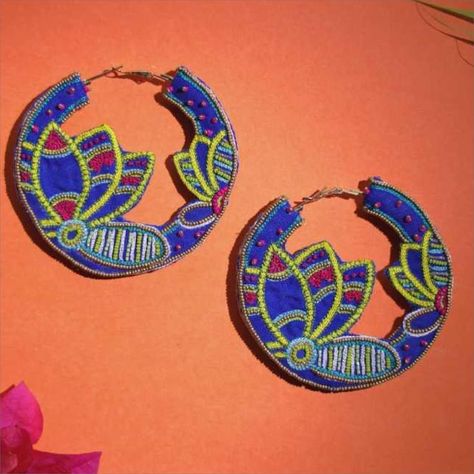 Multicolor Fabric Handmade Statement Hoop Earrings - Etsy UK Jewellery Shoot, Embroidered Earrings, Embroidered Hoop, Diy Fabric Jewellery, Fabric Jewellery, Statement Hoop Earrings, South Indian Jewelry, Lotus Design, Choker Necklace Set