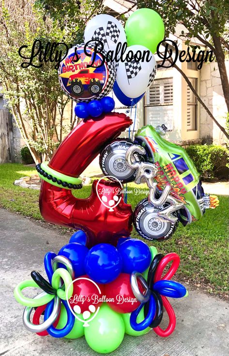 Monster Jam Balloon Decor, Monster Truck Balloon Bouquet, Rc Car Birthday Party Ideas, Monster Truck Balloons, Truck Party Theme, Lightning Mcqueen Party, Monster Jam Birthday, Monster Truck Theme, Hot Wheels Birthday