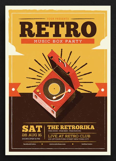 Old Retro Box Gigs Flyer Template AI, PSD Retro Pubmat, Library Posters, Retro Graphic Design, Music Festival Poster, Vintage Poster Design, Retro Advertising, Vintage Poster Art, Book Layout, Event Poster