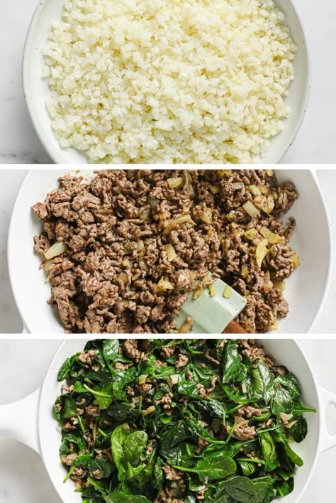 Ground Beef Cauliflower Recipes, Recipes With Ground Beef And Spinach, Kale Ground Beef Recipes, Hamburger And Spinach Recipes, Ground Beef And Cauliflower Recipes, Cauliflower Rice And Ground Beef, Hamburger Spinach Recipes, Beef And Spinach Recipes, Cauliflower Rice Meals