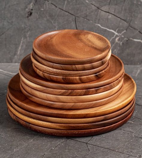 "Introducing: Serving Tray Set of 4 for Diner 8\" x 8\" Wooden Charge Plates, available in 3 sizes. Easy to arrange the lightweight but sturdy nature of the wood is great for parties. SiamMandalay chooses the finest Acacia wood to support sustainability in the ecosystem. The tree's fast-growing nature means that every tree used is replanted. The Gourmet Collection is a unique collection of kitchen essentials curated for foodies, who crave bold stylish and design and unmatched quality. Engraved with the SiamMandalay emblem. Don't accept any imitations. This piece is guaranteed for life. SiamMandalay believes in uniting the mastery of artisanal craft with clean, sophisticated, styling. We hold a steadfast belief in exceptional craftsmanship - never cutting corners, and refusing to compromise Wooden Bowls And Plates, Wood Dishes Ideas, Wooden Plates Table Setting, Wood Plates And Bowls, Wooden Dish Set, Wooden Plates And Bowls Set, Wood Charger Black Plate, Wood Dinnerware, Dinner Plates Sets