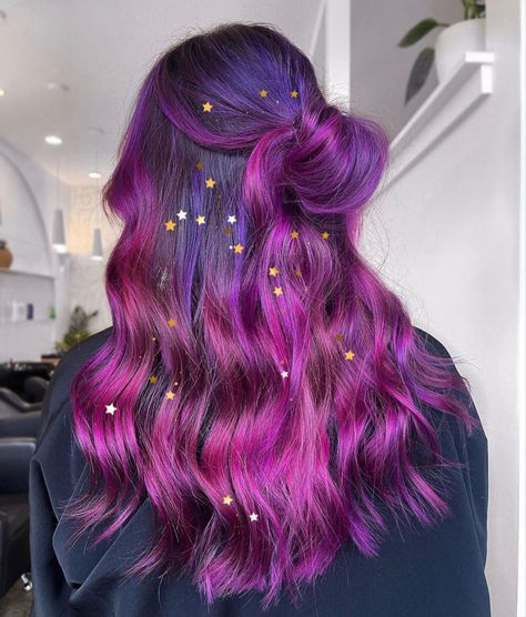 Bright Purple Balayage, Dimensional Vivid Hair, Balayage Vivid Color, Hair Inspo Color Purple, Vibrant Fall Hair Color, Vivid Balayage Hair, Pink To Purple Ombre Hair, Purple To Pink Ombre Hair, Purple To Pink Hair