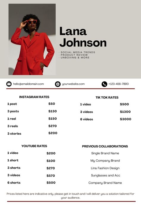 Instagram & TikTok Rate Card Template for creatives to showcase their services and set their #Content_Room_Aesthetic #Content_Creator_Rate_Card #Sheet_Layout_Design #Rate_Card_Design_Template Sheet Layout Design, Idea Content Tiktok, Content Calendar Tiktok, Fashion Content Ideas For Tiktok, Rate Card Design, Content Creator Rate Card, Social Media Manager Rate Card, Content Room, Tiktok Business