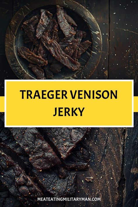 Smoky Venison Jerky on a Traeger Grill Smoked Beef Jerky Pellet Grill, Venison Jerky Recipe Smoked, Venison Jerky Marinade Recipes, Smoker Jerky Recipes, Salmon Jerky Recipe, Jerky Marinade Recipes, Venison Jerky Recipe, Jerkey Recipes, Jerky Marinade