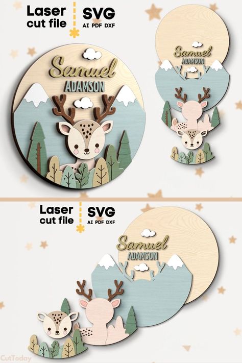 Perfect for crafting personalized name signs, nursery décor, or unique gifts for new parents and animal lovers. Our SVG file allows you to create stunning signs and decorations from various materials like wood, acrylic, or metal. Let these adorable woodland creatures add a touch of forest magic to your little one's special space!

#DeerBabyNameSignSVG #CuteAnimalsSVG #LaserCut #Glowforge #BabyAnimals #NurseryDecor #RoundSign #Crafting #DIYBabyDecor #CuteWhale #KidsRoom #Handmade #CuteDesigns #Ba Baby Laser Cut Ideas, Laser Diy Projects, Laser Cut Projects, Laser Signs, Wood Laser Ideas, Rabbit Nursery, Laser Cut Box, Laser Cut Wood Crafts, Mdf Crafts