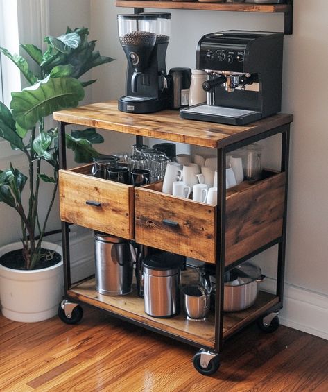 Coffee Cart Ideas, Diy Coffee Bar Cart, Corner Coffee Bar Ideas, Corner Coffee Bar, Coffee Bar Cart, Bar On Wheels, Coffee Bar Ideas, Diy Coffee Bar, Coffee Cart