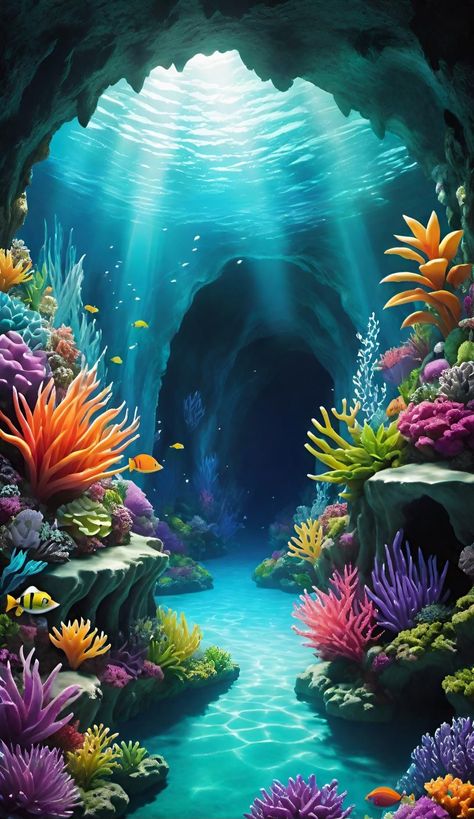 Beautiful Underwater Pictures, Under Ocean Wallpaper, Under The Ocean Aesthetic, Ocean Background Drawing, Underwater World Art, Undersea Painting, Fish Tank Wallpaper, Aquatic Background, Under Water World