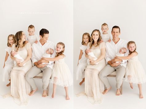 White Cream Family Photos, White Background Family Photos, Jcpenney Photoshoot Family, Family Portrait Outfits Studio, White Background Family Photoshoot, Neutral Newborn Photography Family, Indoor Family Pictures, Family Portraits White Backdrop, All White Newborn Family Photography