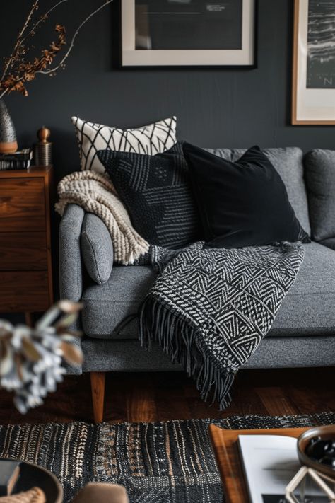 How to Design a Chic Living Room Around a Grey Sofa: 45+ Ideas! Grey Sofa Aesthetic, Gray Sofa Styling, Sofa Aesthetic, Dark Grey Sofa, Dark Sofa, Dark Gray Sofa, Light Gray Sofas, Grey Sofa Living Room, Blue Accent Walls