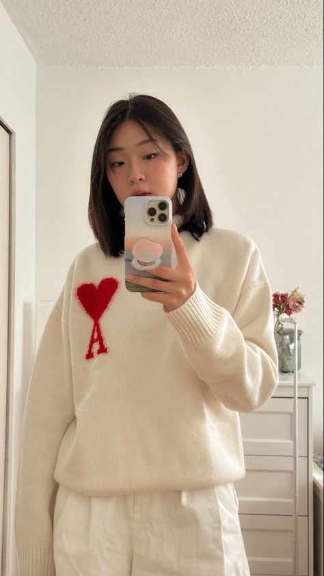 Ami de cœur turtleneck, knit sweater, fall outfit, off white sweater Ami Sweater Outfit, Ami Sweater, Sweater Outfit, Fall Winter Outfits, Cant Wait, Wool Sweater, Casual Fits, Wool Sweaters, Sweater Outfits