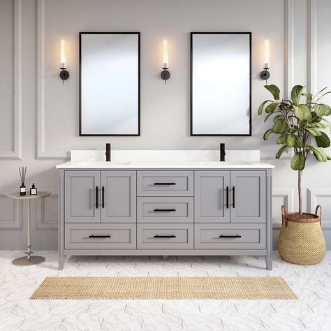 72inch 1 Transitional Bathrooms, Transitional Bathroom Design, White Double Vanity, Power Bar, Full Bathroom Remodel, Quartz Vanity Tops, Grey Countertops, Bathroom Farmhouse Style, Transitional Bathroom