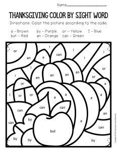 Color by Sight Word Thanksgiving Kindergarten Worksheets Cornucopia November Worksheets, Fall Preschool Worksheets, Thanksgiving Board, Thanksgiving Activities For Kindergarten, Seasons Preschool, Fall Worksheets, Preschool Names, Sight Word Coloring, Thanksgiving Kindergarten