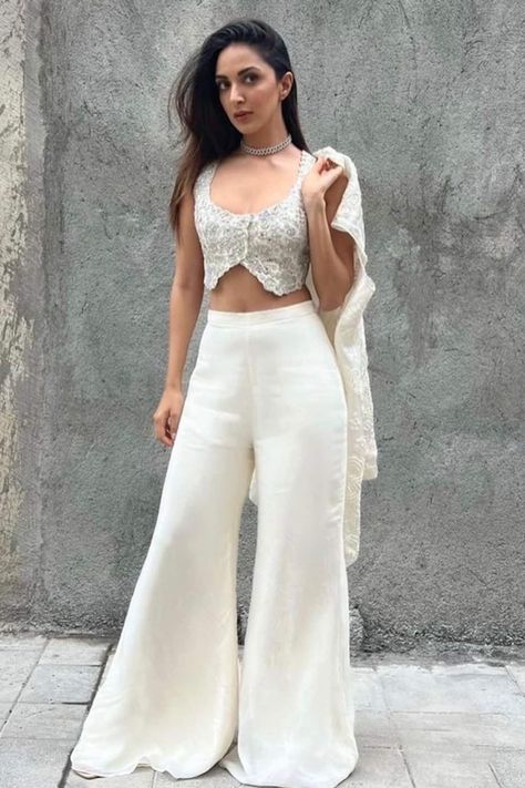 Buy White Blazer And Pant-organza Embroidered Floral Brielle & Pant Set For Women by Mishru Online at Aza Fashions. Pant Sets For Women Indian, Crop Top Pants Outfit, Indian Cod Set, Indian Pant Suits For Women, Indian Blazer Outfit Women, Indian Pants Outfit, Pant Top Set Women, White Western Outfit, White Indian Outfit