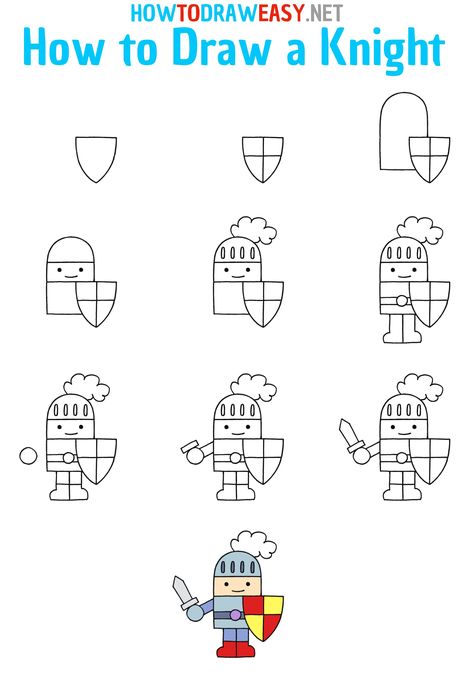 How to Draw a Knight Step by Step #MedievalKnight #KnightDrawing #EasyKnightDrawing #StepbyStepKnightDrawing #KnightDrawingforKids #KnightDrawings #Knights #HowtoDrawaKnight #KnightSketch #EasyDrawingKnight #Sword #SwordDrawing #MedievalKnightDrawing #MiddleAge #MiddleAges #KnightArmor How To Draw A Knight Step By Step, Easy Knight Drawing, How To Draw A Knight, Knight Drawing Easy, Knight Doodle, Elementary Drawing, Knight Drawing, Castle Drawing, Easy Drawing Steps