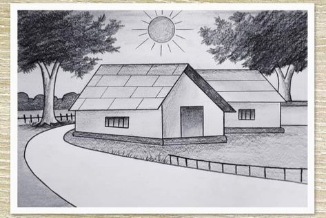 Village Drawing Pencil, Village Landscape Drawing, Village Drawing Easy, Pencil Drawing For Beginners, Village Drawing, Drawing With Pencil, Village Landscape, Pencil Shading, Drawing For Beginners