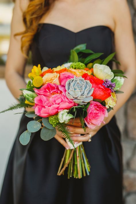 bright bridesmaid bouquets - photo by Priscila Valentina http://ruffledblog.com/whimsical-vibrant-laguna-beach-wedding Black Wedding With Colorful Flowers, Beach Celebration, Dance Flowers, Bridal Things, Laguna Beach Wedding, Wedding Dress Outfit, Bridesmaid Bouquets, Bright Wedding, Summer Wedding Colors