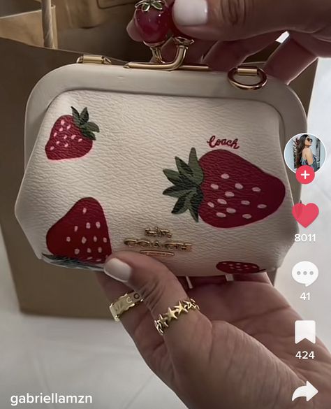 Coach Strawberry Wallet, Strawberry Wallet, Hero Accessories, Coach Strawberry, Aesthetic Essentials, Purse Essentials, People Clothes, Girly Bags, What In My Bag