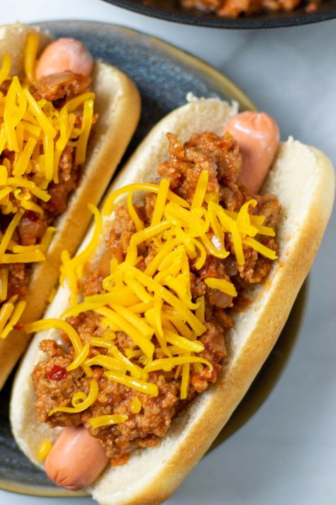 Make this easy Hot Dog Chili and enjoy the perfect texture and taste going on top of your hot dogs. It takes just under 15 minutes for the homemade hot dog sauce to come together using only simple ingredients like vegan ground beef, tomato sauce and fantastic seasonings. Suitable for vegans and vegetarians. #vegan #vegetarian #dairyfree #dinner #lunch #mealprep #condiment #hotdogs #contentednesscooking #hotdogchili Easy Hot Dog Chili, Homemade Hot Dog Chili, Hotdog Chili Recipe, Homemade Hot Dogs, Chilli Dogs, Hot Dog Chili Sauce, Food Sandwiches, Hot Dog Sauce, Chilly Dogs