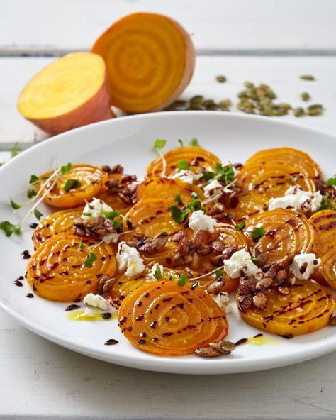 Roasted Golden Beets with Goat Cheese and Candied Pumpkin Seeds Salad – Rose Reisman Golden Beets Recipe, Beets With Goat Cheese, Candied Pumpkin, Pumpkin Seed Salad, Roasted Golden Beets, Yellow Beets, Beet And Goat Cheese, Seed Salad, Golden Beets