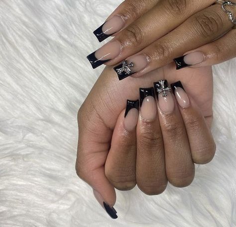 Black French With Gems, Stiletto Nails Short, Nail Piercing, Cross Nails, Tapered Square Nails, Black Acrylic Nails, Nails Now, Colored Acrylic Nails, Girly Acrylic Nails